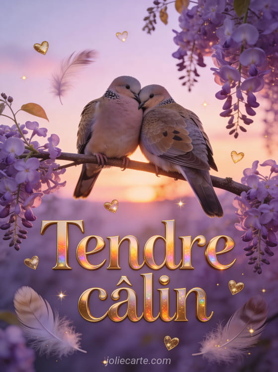 Deux tourterelles blotties l'une contre l'autre sur une branche de lilas en fleurs avec petits cœurs dorés et coucher de soleil violet et le texte Tendre câlin