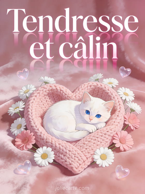 Chaton blanc aux yeux bleus lové dans une couverture en laine rose formant un cœur entouré de renoncules avec petits cœurs translucides et le texte Tendresse et câlin