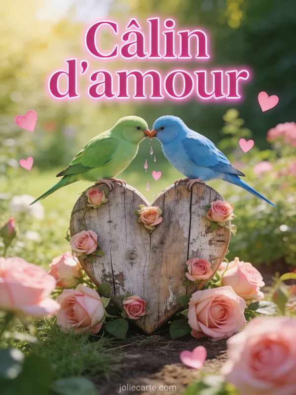 Deux perruches inséparables se becquetant sur un cœur en bois flotté décoré de roses avec petits cœurs roses et le texte Câlin d'amour
