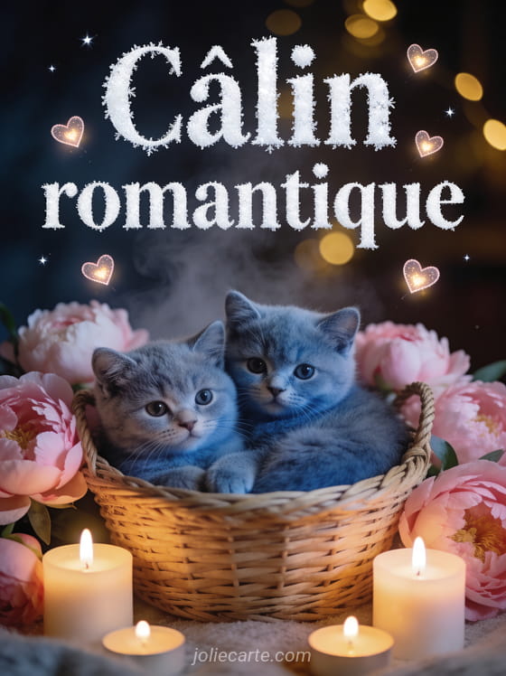 Deux chatons british shorthair gris blottis dans un panier entouré de pivoines et bougies avec petits cœurs lumineux et le texte Câlin romantique