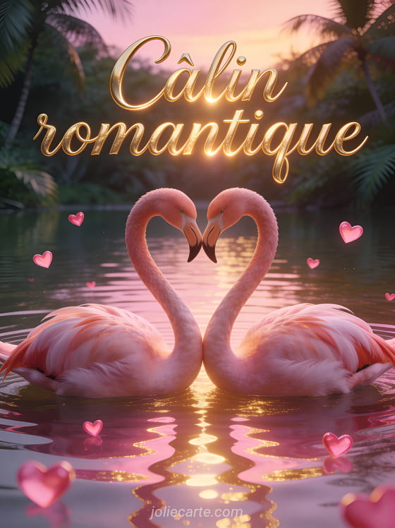 Deux flamants roses formant un cœur avec leurs cous au bord d'un lac au crépuscule avec petits cœurs rose vif et le texte Câlin romantique