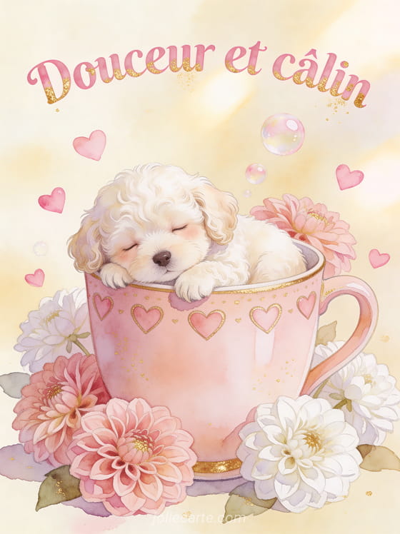 Petit bichon frisé endormi dans une tasse rose décorée de cœurs entouré de dahlias roses avec petits cœurs flottants et le texte Douceur et câlin