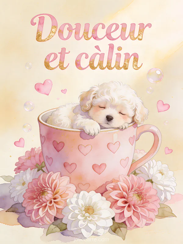 Petit bichon frisé endormi dans une tasse rose décorée de cœurs entouré de dahlias roses avec petits cœurs flottants et le texte Douceur et câlin