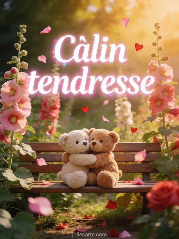 Deux oursons en peluche se câlinant sur un banc dans un jardin de roses trémières avec pétales volants et petits cœurs et le texte Câlin tendresse