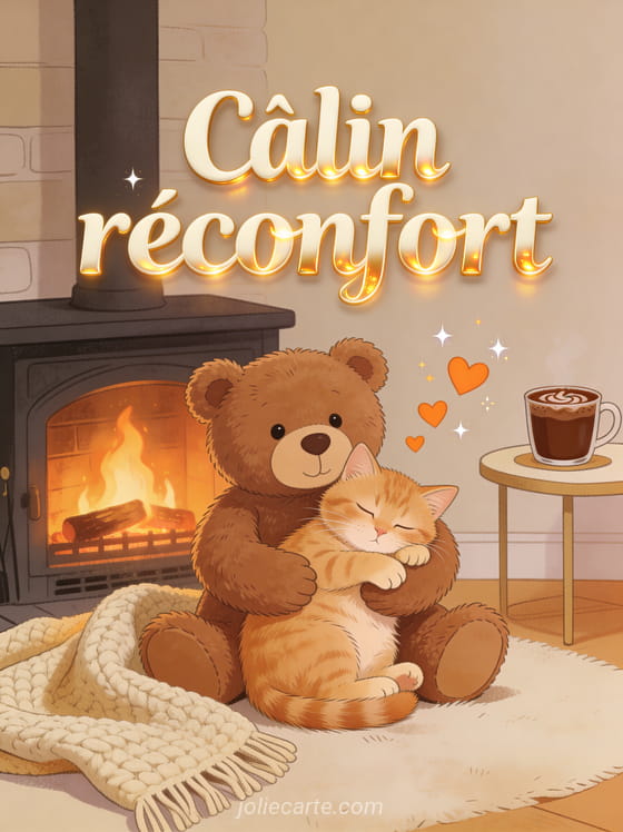 Chaton roux endormi dans les bras d'un ours en peluche devant une cheminée avec petits cœurs orangés et plaid en laine et le texte Câlin réconfort