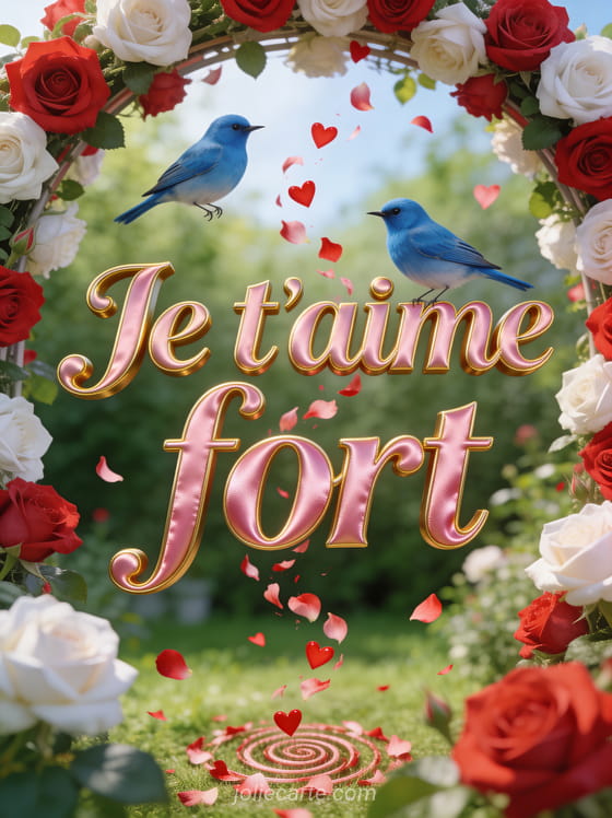 Deux mésanges bleues se becquetant sur une arche de roses rouges et blanches avec pétales tombants et petits cœurs rouges et le texte Câlin d'amour