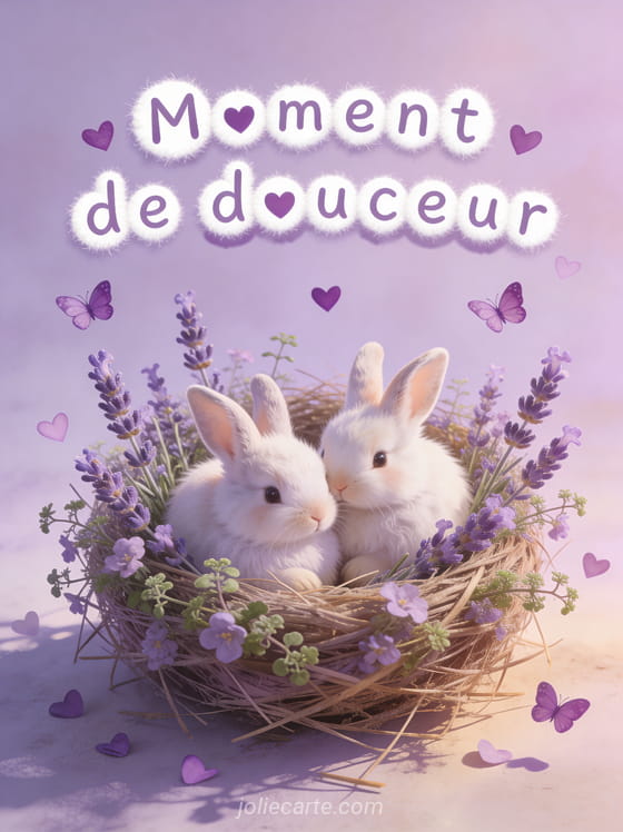 Deux lapins angora blottis dans un nid de lavande et de thym en fleurs avec petits cœurs violets flottants et le texte Câlin tout doux