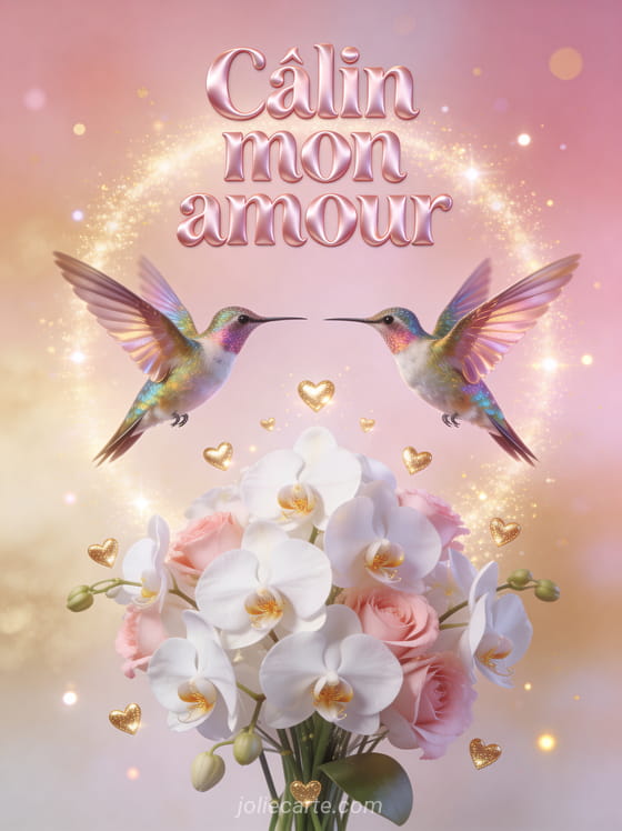 Deux colibris iridescents face à face au-dessus d'orchidées blanches et roses avec petits cœurs dorés scintillants et le texte Câlin mon amour