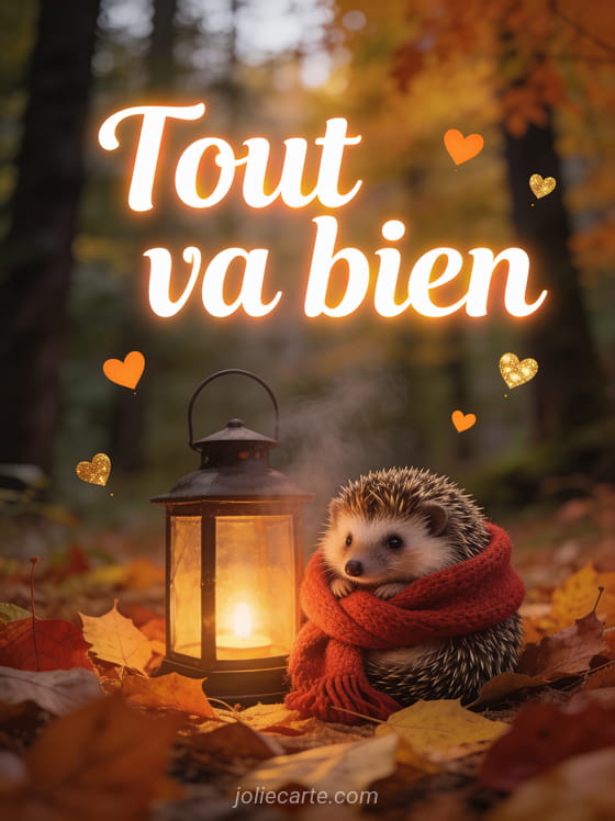 Petit hérisson enroulé dans une écharpe rouge à côté d'une lanterne sur des feuilles d'automne avec petits cœurs orangés et le texte Câlin réconfort