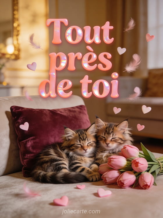 Deux chatons maine coon tigrés blottis sur un coussin bordeaux à côté de tulipes roses avec petits cœurs rose pâle et le texte Câlin tendresse