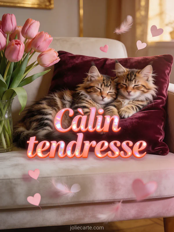 Deux chatons maine coon tigrés blottis sur un coussin bordeaux à côté de tulipes roses avec petits cœurs rose pâle et le texte Câlin tendresse