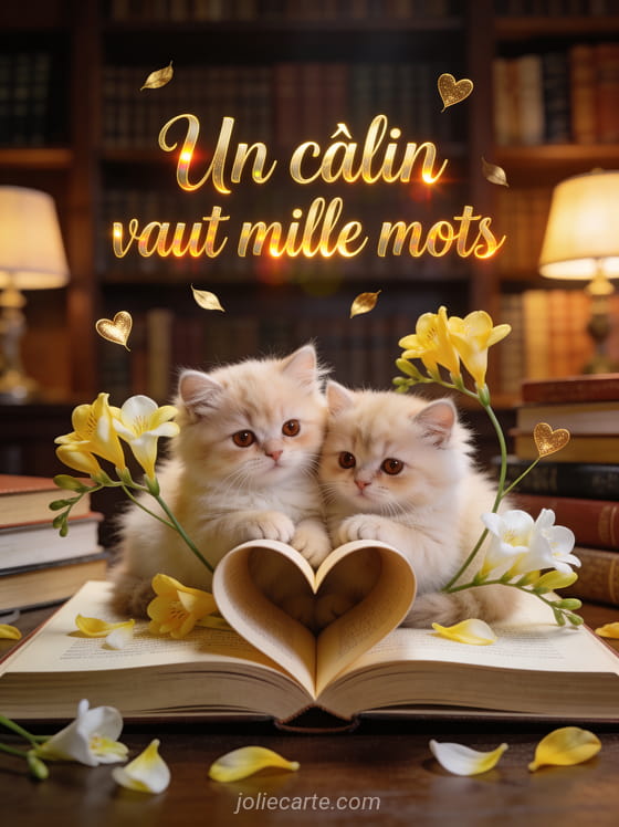 Deux chatons persans crème blottis dans un livre ouvert formant un cœur entourés de freesias avec petits cœurs dorés et le texte Un câlin vaut mille mots