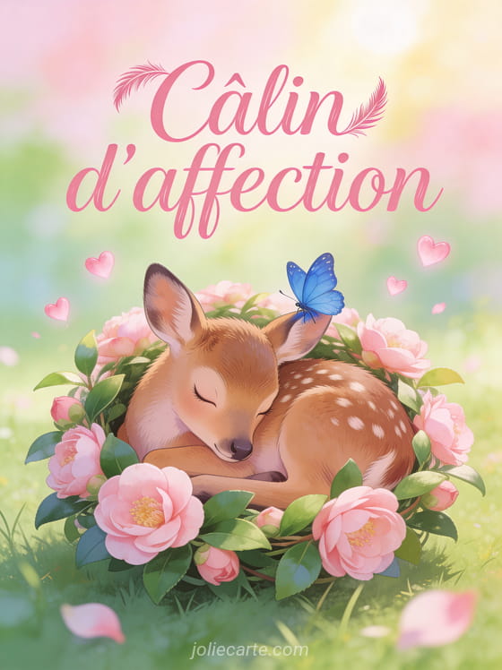Faon endormi dans une couronne de camélias roses avec un papillon bleu sur l'oreille et petits cœurs rose tendre et le texte Câlin d'affection