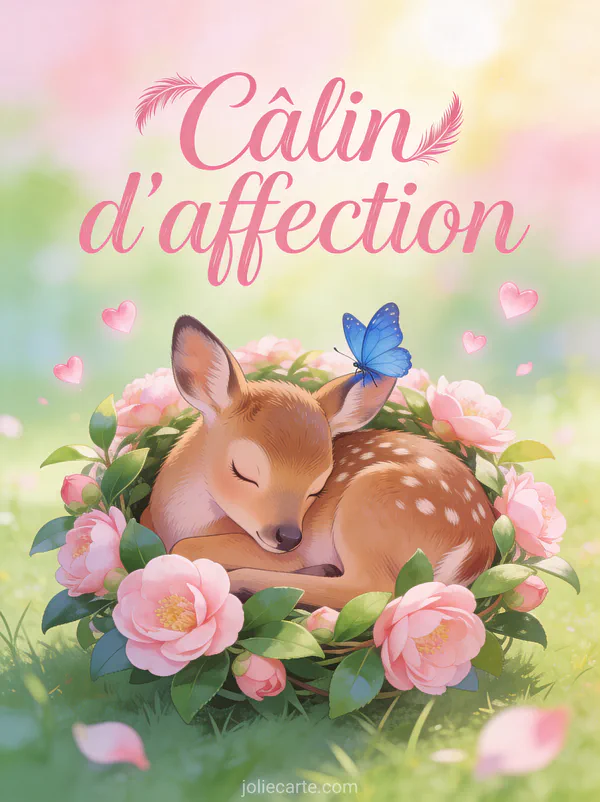 Faon endormi dans une couronne de camélias roses avec un papillon bleu sur l'oreille et petits cœurs rose tendre et le texte Câlin d'affection