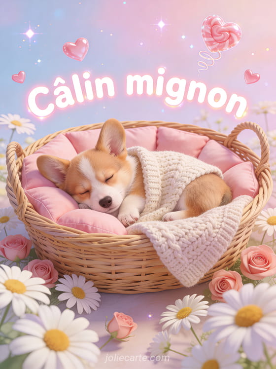 Petit corgi endormi dans un panier en osier tapissé de coussins roses entouré de marguerites avec petits cœurs rose bonbon et le texte Câlin mignon