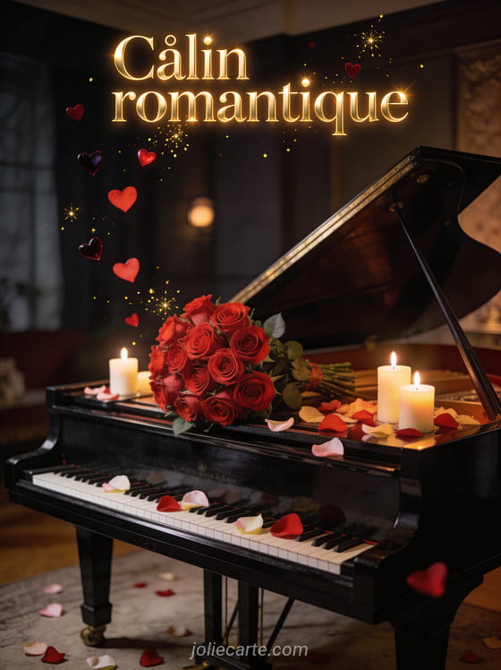 Bouquet de roses rouges posé sur un piano à queue noir avec bougies allumées et pétales et petits cœurs rouge profond et le texte Câlin romantique