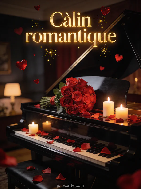 Bouquet de roses rouges posé sur un piano à queue noir avec bougies allumées et pétales et petits cœurs rouge profond et le texte Câlin romantique