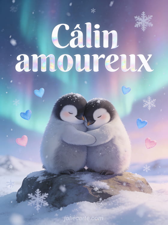 Deux pingouins blottis l'un contre l'autre sur un rocher avec aurores boréales et petits cœurs bleu et rose flottants et le texte Câlin amoureux