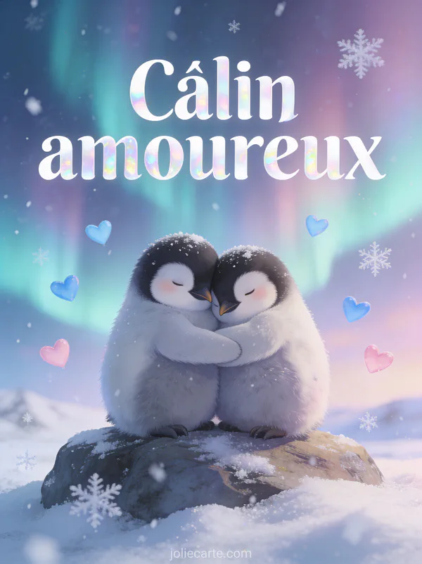 Deux pingouins blottis l'un contre l'autre sur un rocher avec aurores boréales et petits cœurs bleu et rose flottants et le texte Câlin amoureux