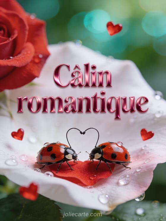 Deux coccinelles sur un pétale de rose rouge formant un cœur avec leurs antennes avec gouttelettes de rosée et petits cœurs rouges et le texte Câlin romantique