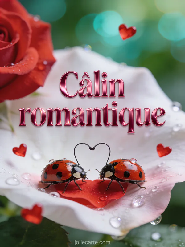 Deux coccinelles sur un pétale de rose rouge formant un cœur avec leurs antennes avec gouttelettes de rosée et petits cœurs rouges et le texte Câlin romantique