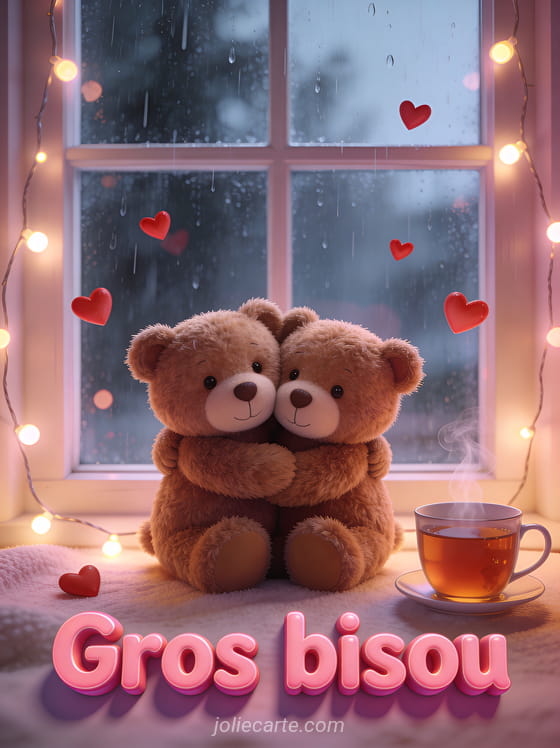 Deux ours en peluche se câlinant devant une fenêtre avec pluie et guirlande lumineuse avec petits cœurs rouges et tasse de thé et le texte Gros câlin