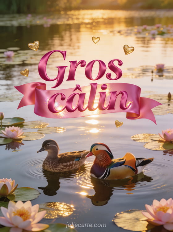 Deux canards mandarins nageant côte à côte sur un étang avec nénuphars en fleur et petits cœurs dorés et lumière dorée et le texte Gros câlin