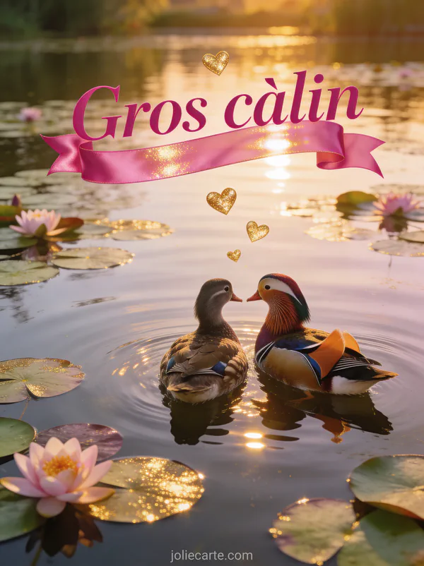 Deux canards mandarins nageant côte à côte sur un étang avec nénuphars en fleur et petits cœurs dorés et lumière dorée et le texte Gros câlin