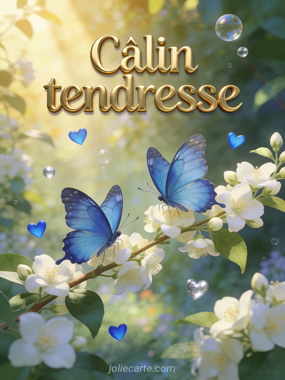 Deux papillons morpho bleus sur une branche de jasmin en fleurs avec petits cœurs bleu ciel et argentés et lumière dorée et le texte Câlin tendresse