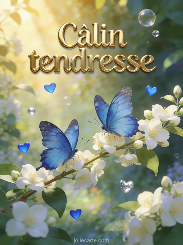 Deux papillons morpho bleus sur une branche de jasmin en fleurs avec petits cœurs bleu ciel et argentés et lumière dorée et le texte Câlin tendresse