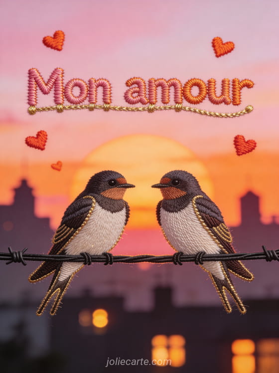 Deux hirondelles posées côte à côte sur un fil avec coucher de soleil orange et rose et petits cœurs rouge orangé dans le ciel et le texte Câlin mon amour