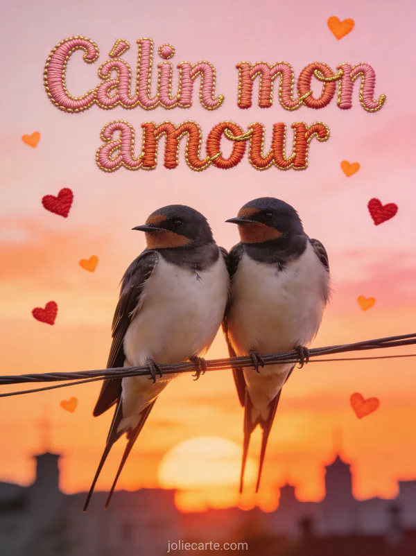 Deux hirondelles posées côte à côte sur un fil avec coucher de soleil orange et rose et petits cœurs rouge orangé dans le ciel et le texte Câlin mon amour