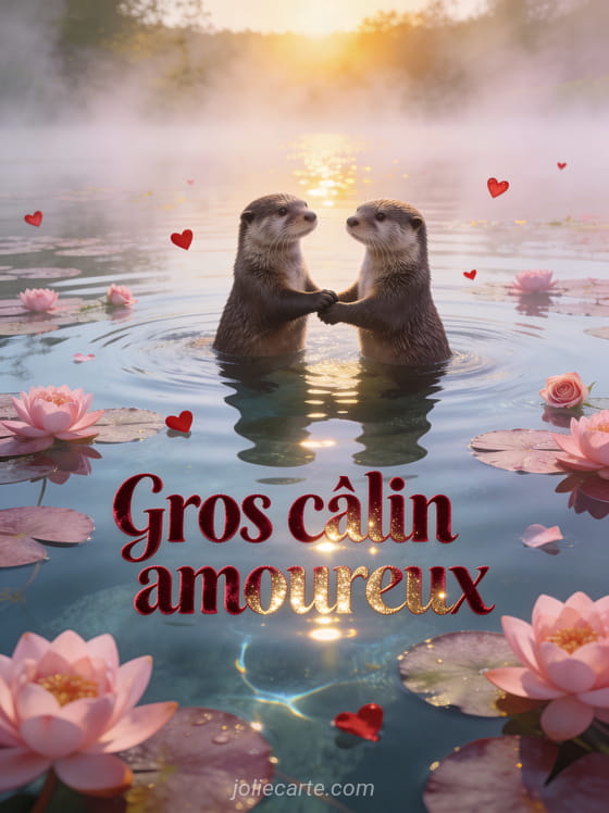 Deux loutres se tenant par la patte en flottant sur l'eau calme entourées de nénuphars roses avec petits cœurs rouges et roses et le texte Gros câlin amoureux