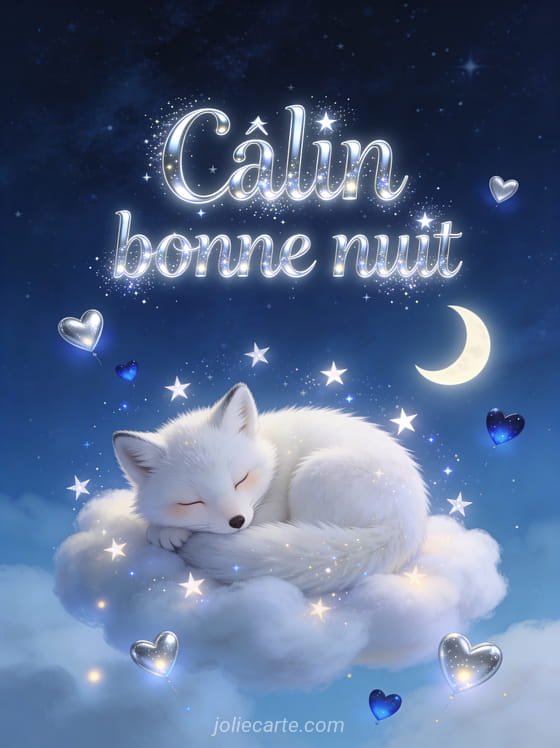Renard arctique blanc endormi en boule sur un nuage entouré d'étoiles et d'un croissant de lune avec petits cœurs argentés et le texte Câlin bonne nuit