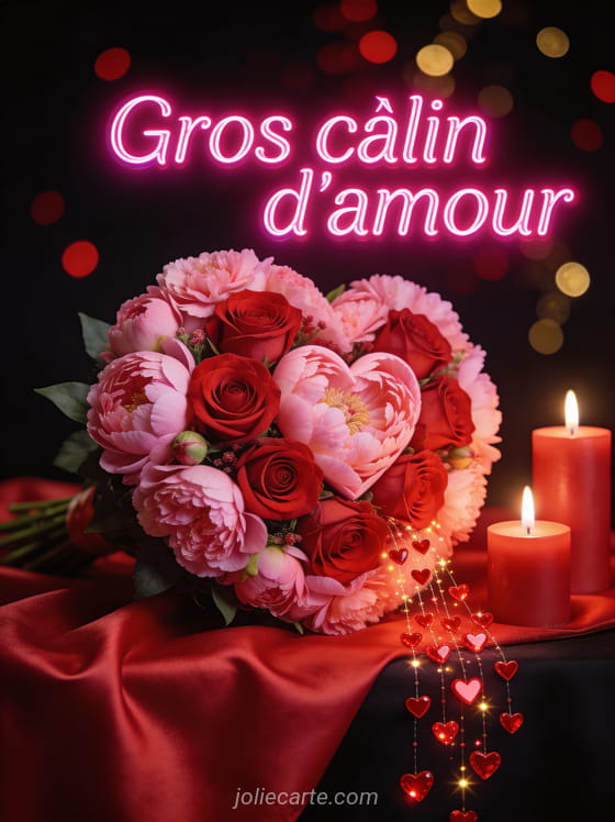 Gros bouquet de roses rouges et pivoines roses en forme de cœur sur satin rouge avec bougies et petits cœurs rouges scintillants et le texte Gros câlin d'amour