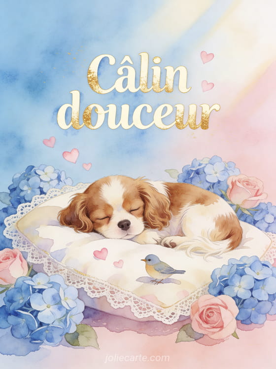 Chiot cavalier king charles endormi sur un coussin en dentelle entouré d'hortensias bleus et roses avec un petit oiseau et petits cœurs et le texte Câlin douceur