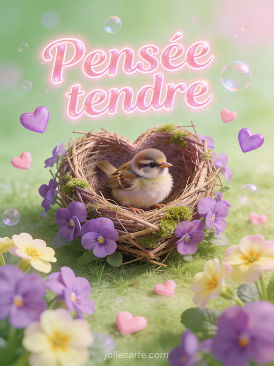 Petit moineau dans un nid en forme de cœur entouré de violettes et primevères avec petits cœurs roses et mauves et le texte Câlin mignon