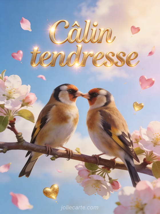 Deux chardonnerets élégants se becquetant sur une branche de pommier en fleurs avec pétales volants et petits cœurs rose et doré et le texte Câlin tendresse
