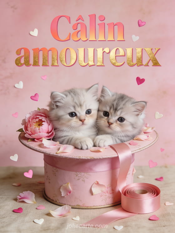 Deux chatons persans chinchilla blottis dans une boîte à chapeau rose garnie de pétales de pivoine avec petits cœurs rose vif et ruban de satin et le texte Câlin amoureux
