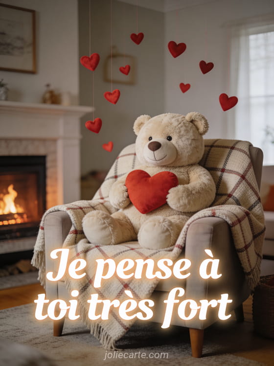 Gros ours en peluche beige tenant un cœur rouge assis sur un fauteuil avec plaid et cheminée avec petits cœurs rouges et le texte Je te fais un gros câlin