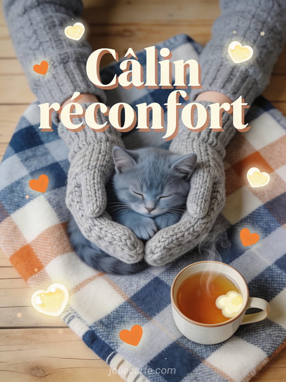 Chaton gris bleu endormi dans des mitaines tricotées avec plaid et tisane fumante et petits cœurs orangés et le texte Câlin réconfort