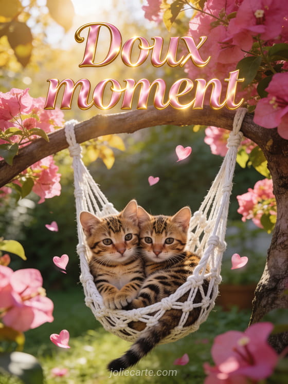 Deux chatons bengal tigrés blottis dans un hamac de macramé blanc entourés de bougainvilliers roses avec petits cœurs rose tendre et le texte Câlin tendresse