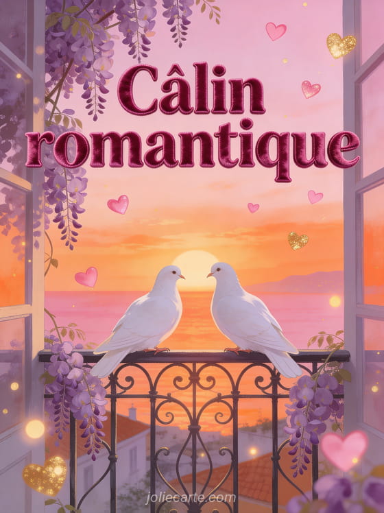 Deux colombes blanches sur un balcon en fer forgé orné de glycine mauve avec coucher de soleil méditerranéen et petits cœurs et le texte Câlin romantique