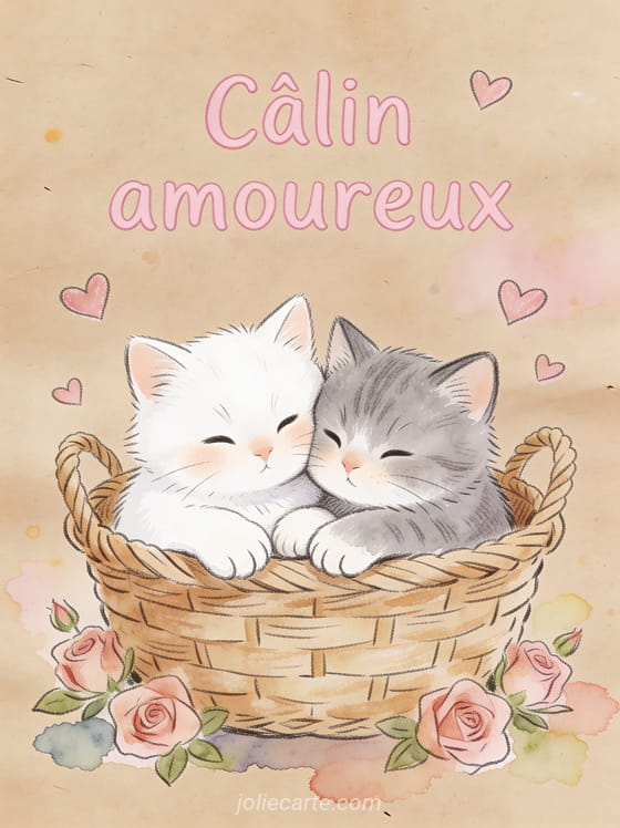 Deux chatons blanc et gris dessinés au crayon se câlinant dans un panier avec roses en aquarelle et petits cœurs au crayon et le texte Câlin amoureux