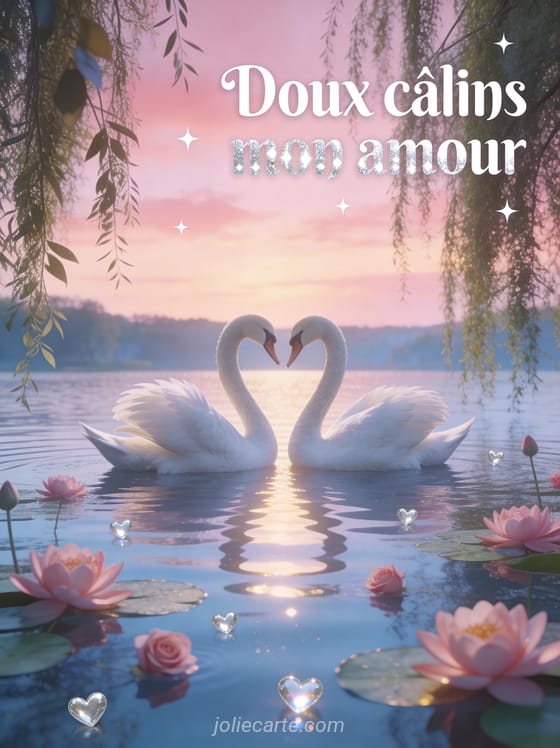 Deux cygnes blancs se becquetant sur un lac au crépuscule entouré de saules pleureurs et nénuphars roses avec petits cœurs argentés et le texte Doux câlins mon amour
