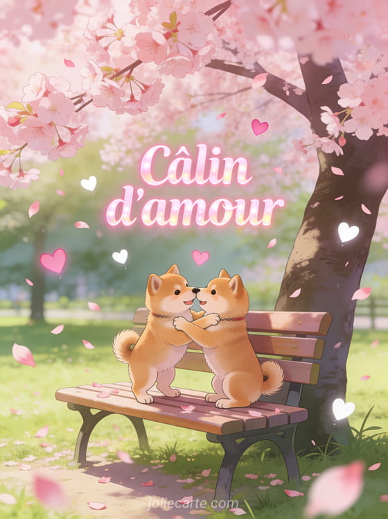 Deux chiots shiba inu se câlinant sous un cerisier en fleurs sur un banc de parc avec pétales tombants et petits cœurs et le texte Câlin d'amour