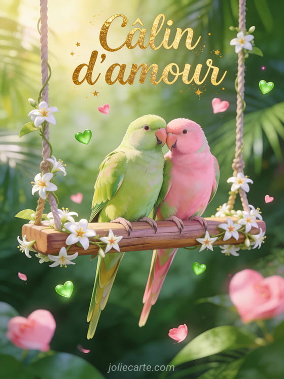 Deux perroquets inséparables verts et roses sur une balançoire fleurie de jasmin avec petits cœurs verts et roses et fond tropical et le texte Câlin d'amour