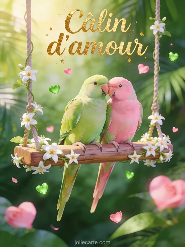 Deux perroquets inséparables verts et roses sur une balançoire fleurie de jasmin avec petits cœurs verts et roses et fond tropical et le texte Câlin d'amour