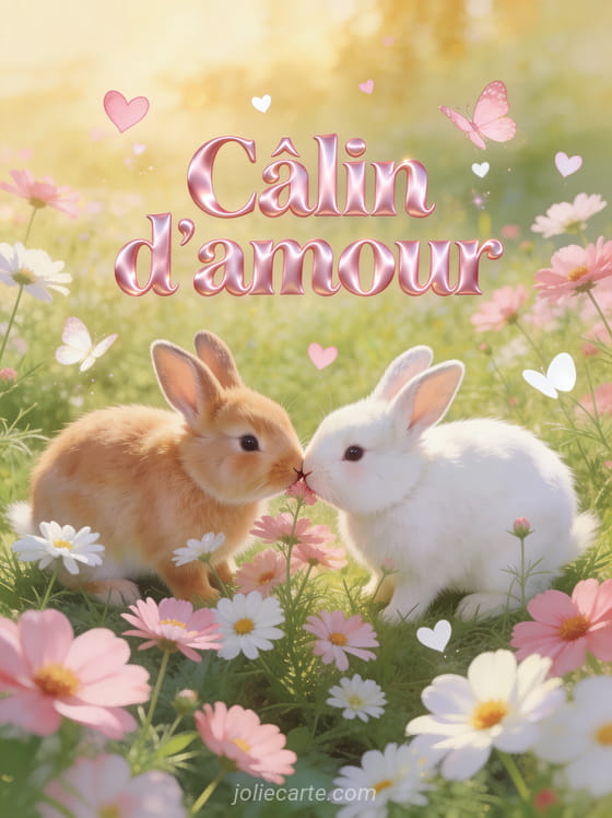 Deux lapins nains caramel et blanc se frottant le nez dans un jardin de cosmos roses et blancs avec petits cœurs rose pâle et le texte Câlin d'amour