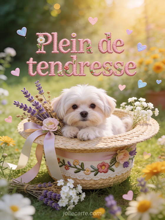 Petit bichon maltais blotti dans un chapeau de paille décoré de lavande et gypsophile avec petits cœurs pastel et jardin provençal et le texte Câlin tendresse